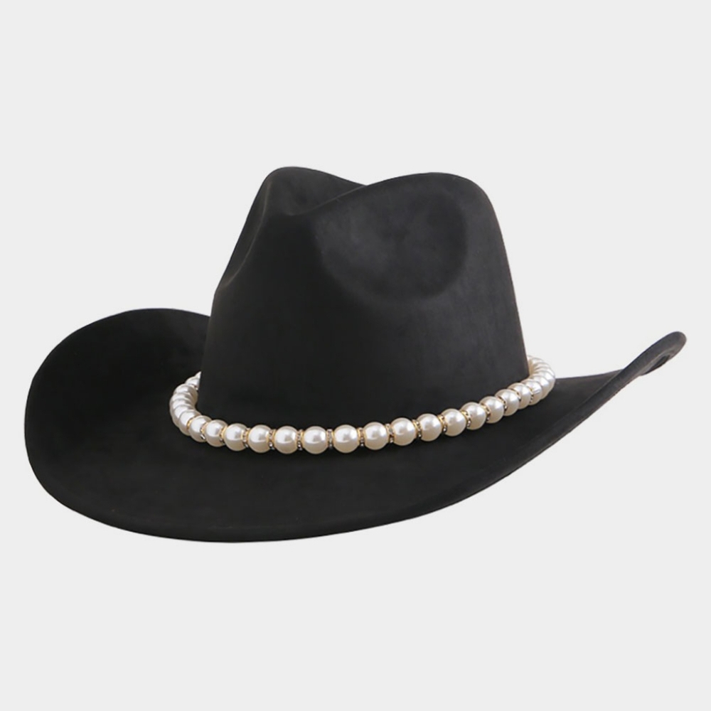 Black Western Pearl Beaded Band Glam Cowboy Hat Brim Womens Statement Accessory